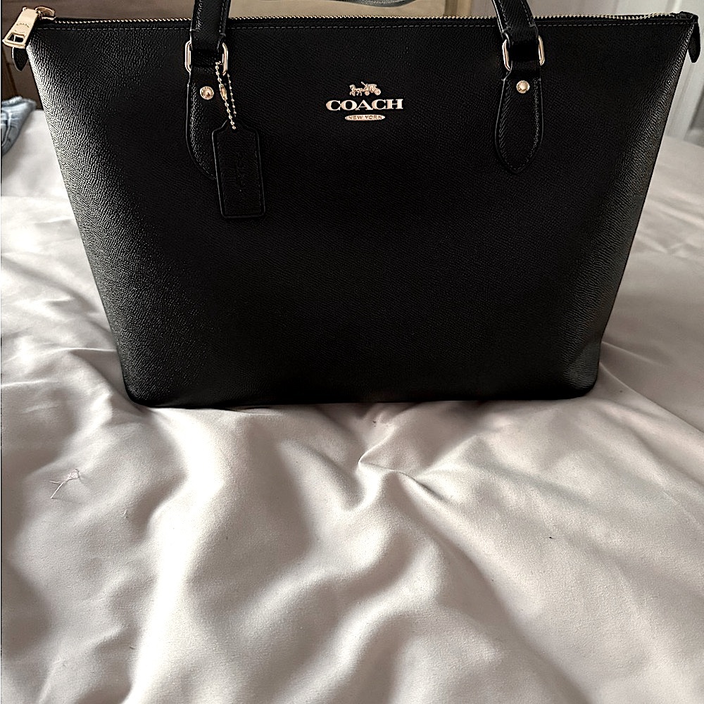 Coach Black Leather Structured Tote with Gold Accents